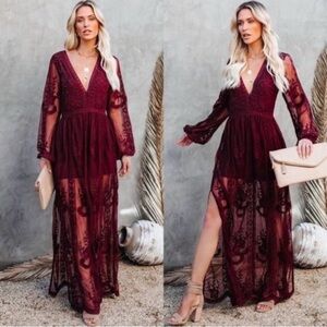 RED Lace V-neck Long Sleeve Boho Maxi Dress